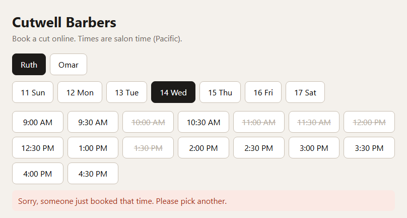 After: the page says sorry, someone just booked that time, please pick another