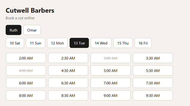Before: the day's slots run from 2:00 AM to 9:30 AM