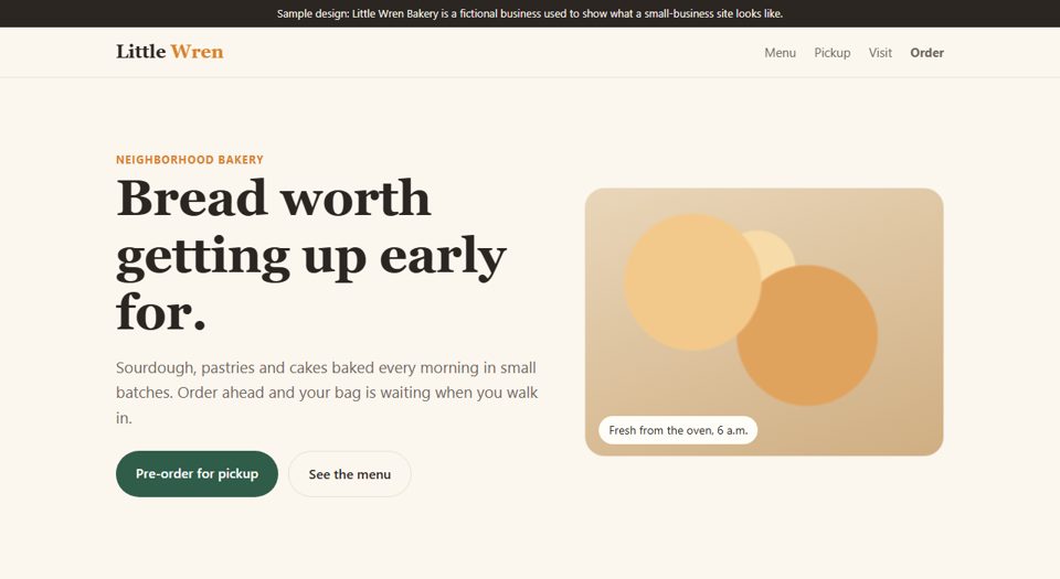 Desktop view of the Little Wren bakery demo site